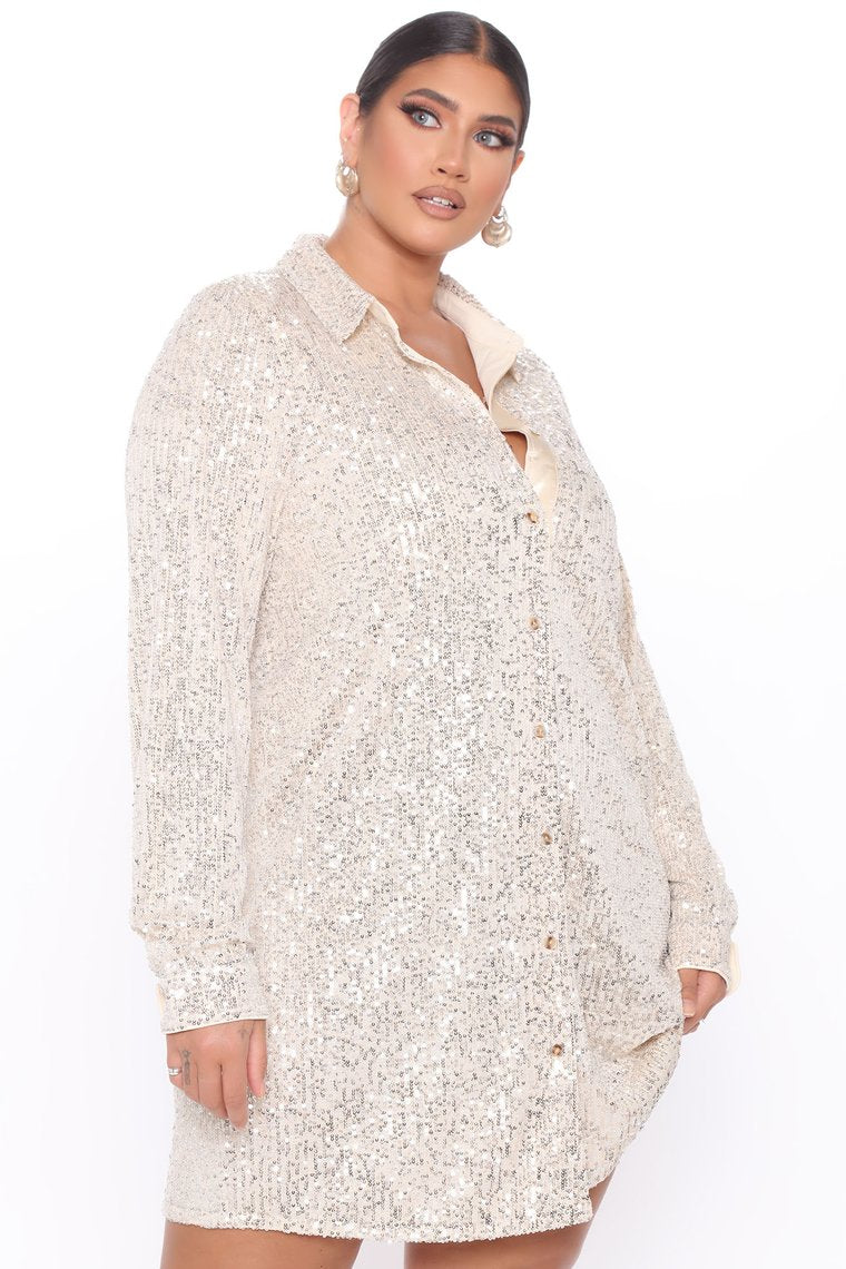 Kiss At Midnight Sequin Shirt Dress - Nude